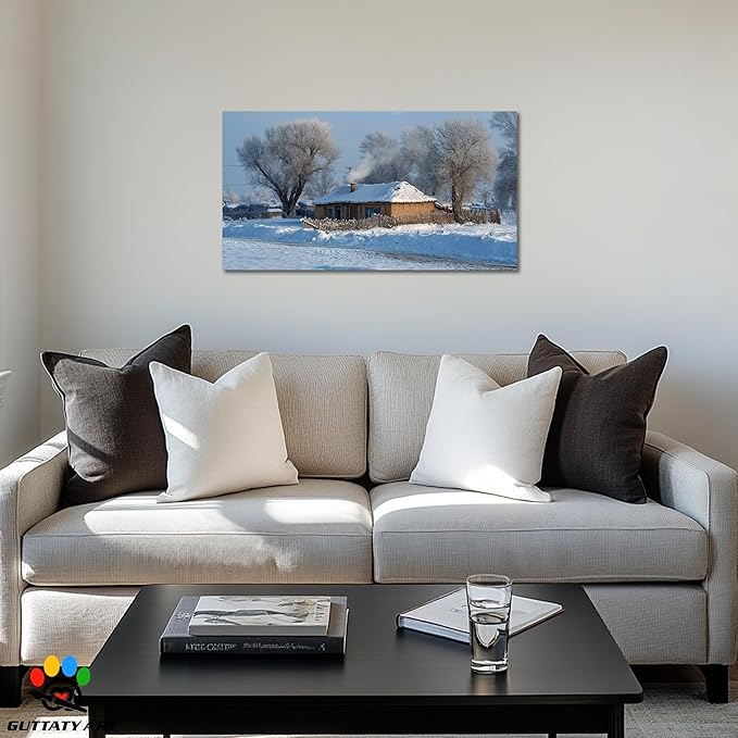 GUTTATY Christmas Winter Scene Canvas Wall Art, Cozy Snow-Covered House Canvas Prints, Peaceful Rural Snow Scene Wall Decor, Winter Pictures Posters for Living Room, Holiday Gift, 16x8 Inch