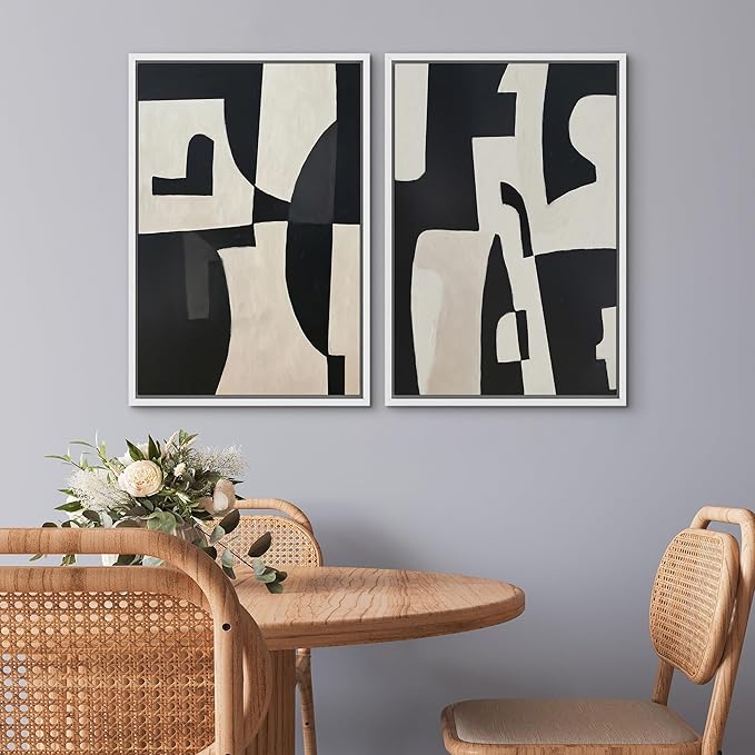 SIGNWIN Framed Canvas Print Wall Art Set Black and Beige Abstract Geometric Modern Bold Minimalist Illustrations Minimal Decorative Zen Bohemian for Living Room, Bedroom, Office - 16"x24"x2 White