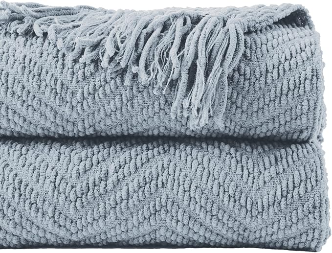 BATTILO HOME Bluish Grey Chenille Throw Blanket for Couch, Knit Throw Blanket,Super Soft Warm Home Decor Throw Blanket with Tassels for Bed,Sofa and Living Room,50" x 60"