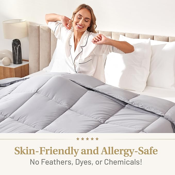Lavish Comforts® Gray Comforter Queen – Fluffy Down Alternative Duvet Insert, Light Gray Comforter, All-Season Bedding, Hypoallergenic, Machine Washable, Queen Duvet Insert with Corner Loops