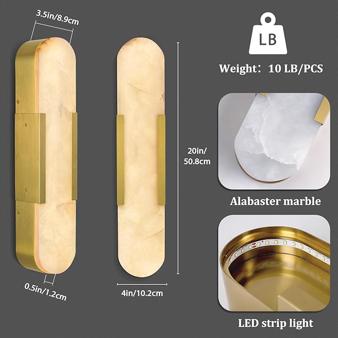 Alabaster Wall Sconce, 20" Natural Marble Wall Sconce, Brass Alabaster Sconces Set of Two, Indoor Modern Bathroom Sconces Wall Lighting for Living Room, Bedroom, Hallway, Stairs