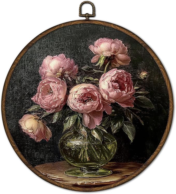 cvjutf Antique Pink Peony Floral Wall Art Decor Framed, Rustic Country Flower Round Wall Decor, Vintage Peony Floral Canvas Prints Art for Gallery Bathroom Living Room Bedroom, 10x10 Inch