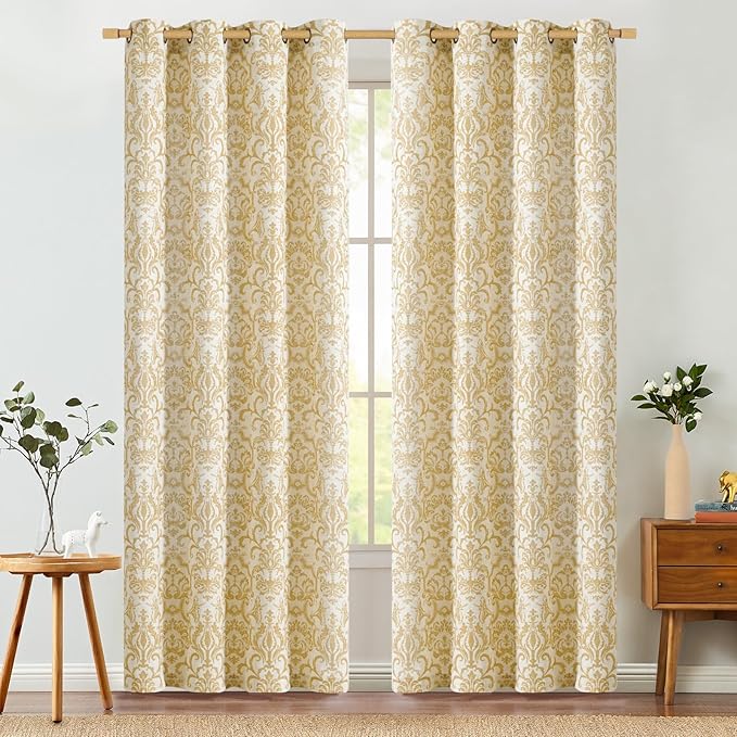 jinchan Curtains for Bedroom, Light Filtering 84 Inch Length 2 Panels Set, Farmhouse Style Linen Blend Drapes Living Room, Vintage Damask Curtains, Grommet Top Mustard Yellow on Flax, W52 X L84