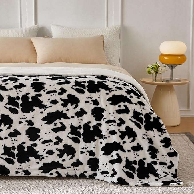 COOVA Faux Rabbit Fur & Flannel Throw Blanket 50x60 Inch - Luxury Fuzzy & Cozy Soft Blanket for All Seasons, Breathable and Comfortable for Bed, Sofa, Couch, and Camping, Cow Print,Black/White