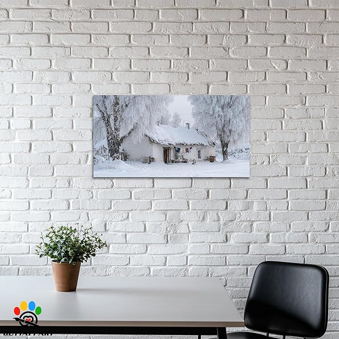 GUTTATY Christmas Winter Scene Canvas Pictures, Snowy Village Wall Decor, White Frost Landscape Canvas Artwork, Rustic Cabin Wall Painting for Living Room, Bedroom, Holiday Decoration, 48x24 Inch