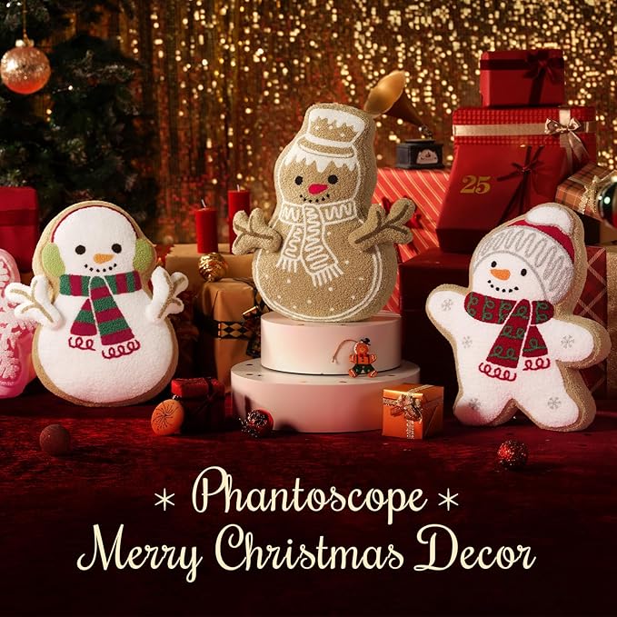 Phantoscope Gingerbread Merry Christmas Throw Pillow, Plush Teddy Xmas Gingerbread Snowman Shaped Pillows with Hat, Christmas Decorative Pillow for Couch Living Room Bed, White, 19x15 inches