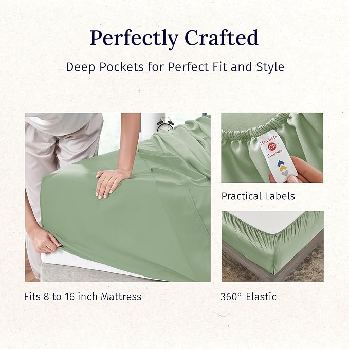 California Design Den Natural 100% Cotton Bed Sheets King Size Set - Luxury 600 Thread Count Sateen, Hotel Quality King Size Sheet Set, Fully Elasticized Deep Pockets, Cool and Durable - Laurel Green
