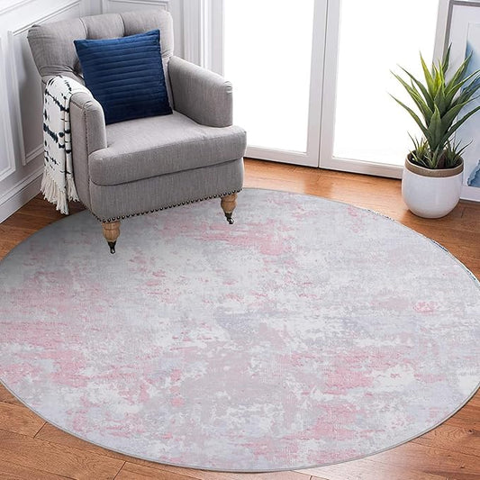 Modern Abstract 8x8 Round Area Rug Non Slip Non Shedding Rug Low Pile Stain Resistant for Bedroom Living Room Office Dining Room,Grey Pink
