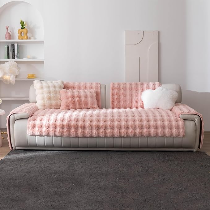 Faux Fur Couch Cover, Soft Warm Plush Sofa Couch Cover, Non Slip Sectional Sofa Slipcovers for L Shaped, Washable Furniture Protector for Kids, Dogs(Pink, 36"×47")