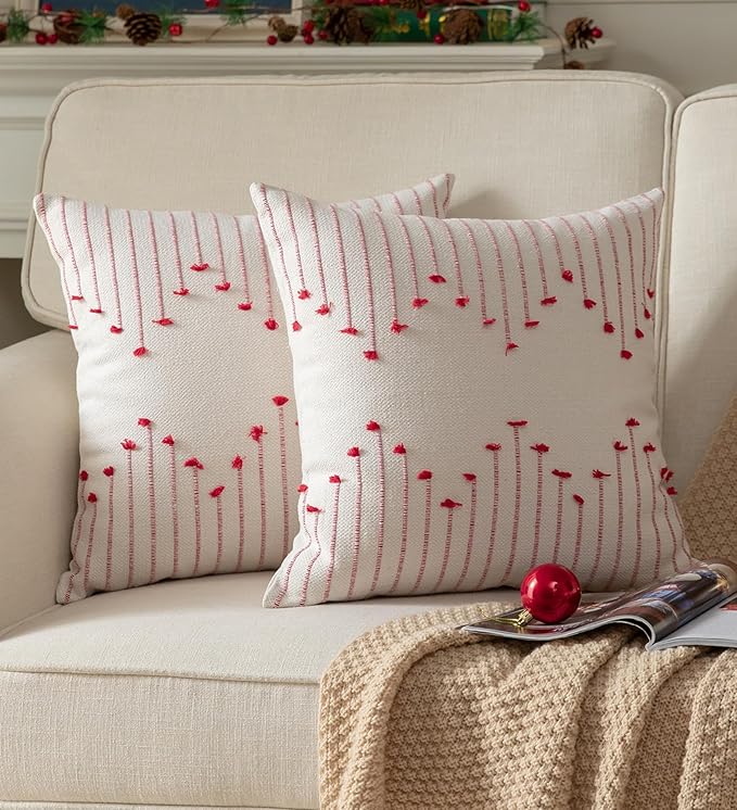 Caflife Boho Christmas Throw Pillow Covers 22x22 Set of 2, Holiday Christmas Decorative Pillow Covers Beige with Red Line for Modern Farmhouse Couch Sofa Bedroom Living Room Outdoor