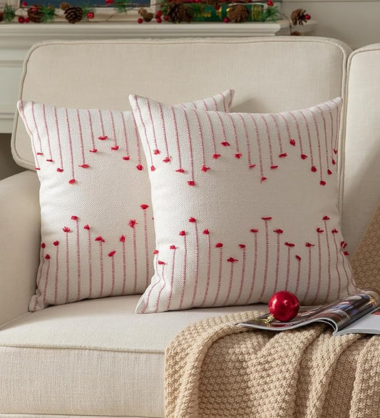 Caflife Boho Christmas Throw Pillow Covers 22x22 Set of 2, Holiday Christmas Decorative Pillow Covers Beige with Red Line for Modern Farmhouse Couch Sofa Bedroom Living Room Outdoor