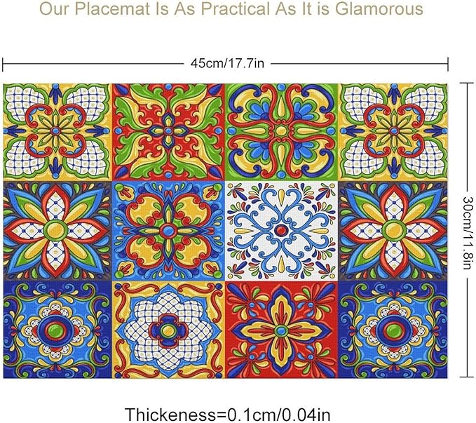 Mexican Placemat Set of 6, 12x18 Inch Rustic Colorful Talavera Ceramic Mexico Tiles Dia De Los Muertos Coffee Vintage Table Mats for Outdoor Kitchen Dining Table Decoration