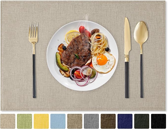 Romanstile Cloth Placemats Set of 8-12 x 18 Inch, Heat Resistant Double Layered Thickened Burlap Place Mats, Washable Faux Linen Farmhouse Table Mats for Kitchen/Dining/Party/Outdoor, Beige
