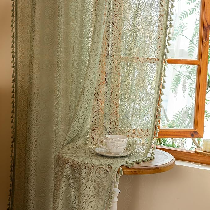 YJ YANJUN Sage Green Boho Curtains 2 Panels, Bohemian Crochet Floral Pattern, Vintage Lace Window Panels for Living Room Sliding Door, Cottagecore Farmhouse Light-Filtering Drapes W59 x L72