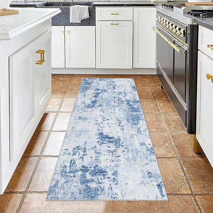Modern Abstract 2x7 Runner Rug Washable Non Slip Stain Resistant Rug for Hallway Kitchen Bedroom Non Shedding Low Pile Indoor Floor Cover,Light Blue
