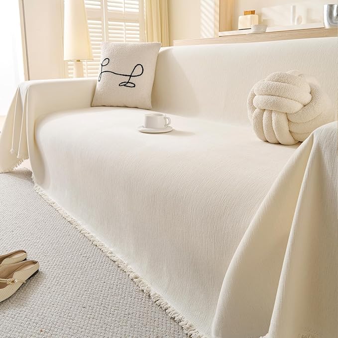 100% Waterproof Couch Cover for Pets Washable Sofa Covers for 3-4 Cushion Couch Sofa SlipCover for Dogs Pet-Friendly Furniture Protector for Living Room with Tassel(71" x 118", Beige)