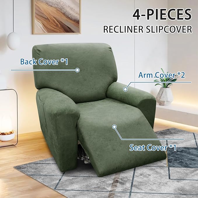 Chair Covers 4-Pieces Recliner Chair Covers 1 Seater Cover for Recliner Chair Leather Look Recliner Slipcovers with Pockets Spandex Fabric Furniture Covers(XL Recliner, Army Green)