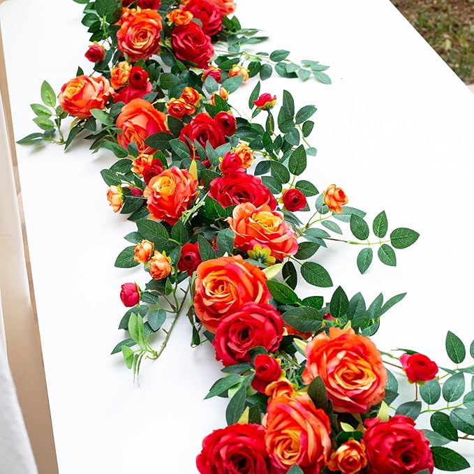 6FT Bendable Flower Garland, Artificial Rose Vine Hanging Floral Garland Decoration for Weding Home Room Wall Decor (Orange, 2pcs)