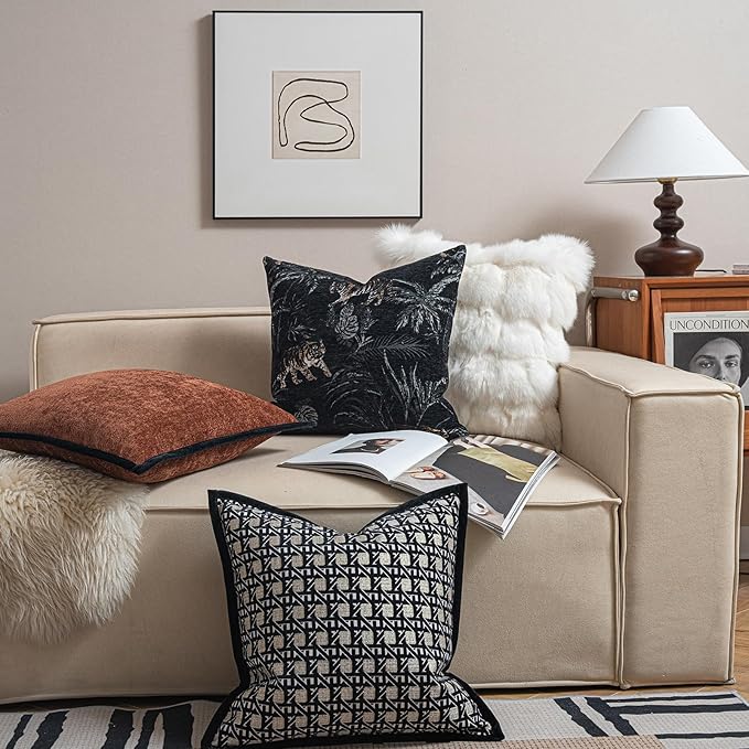 New 22x22'' inches Throw Pillow Cushion Covers - Black Color with Chenille Jacquard Embroidery Golden Tiger Luxury Modern Style Couch Sofa Bed Pillow Cover for Living Room Bedroom