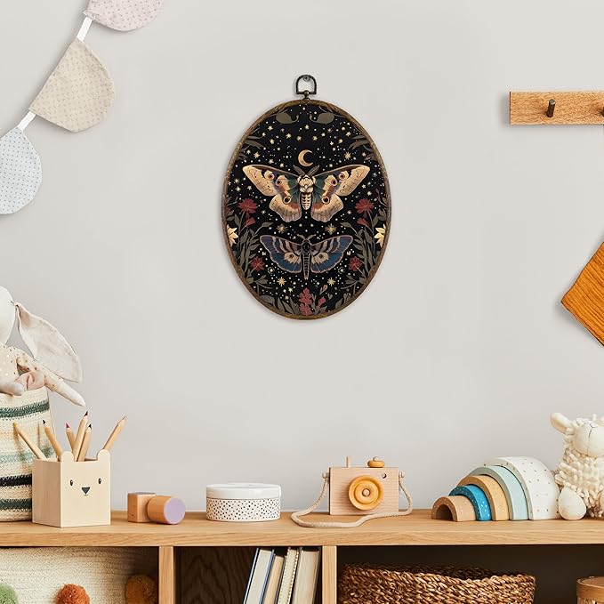 KFXHANGD Witchy Butterfly Moth Oval Wall Art Framed, Gothic Wall Art, Boho Vintage Butterfly Canvas Wall Art Decor, Gothic Lunar Moth Hanging Wall Decor for Bedroom Living Room, 8.7x11.3 Inch