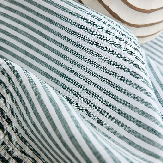 Solino Home Linen Striped Tablecloth 60 x 90 Inch - 100% Pure Linen Rainforest and White Table Cloth for Rectangle Tables - Narrow Stripe, Machine Washable Tablecloth for Christmas