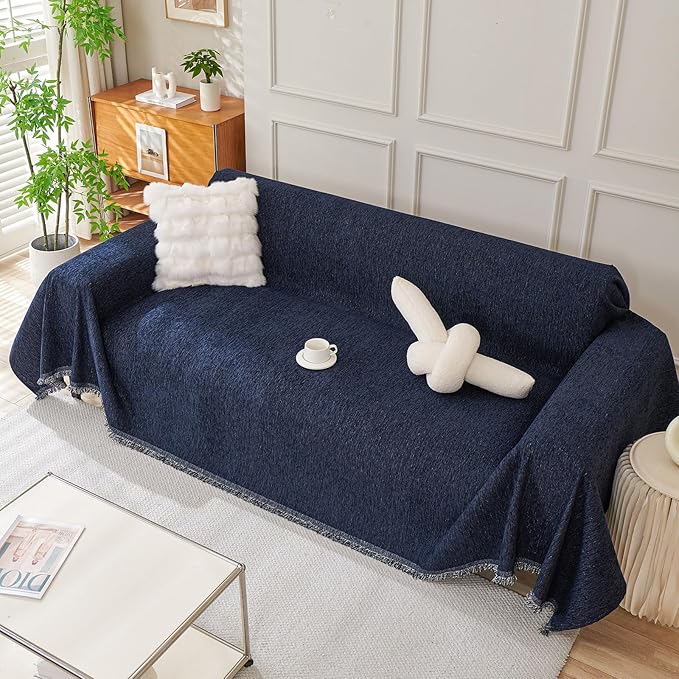 DREAMINGO Couch Cover 91x118 Inch for 2 Cushion Loveseat Thick Chenille Sofa Covers Washable Modern Furniture Protector Couch Cover Blanket Navy Blue Slipcovers for Sectional L Shaped