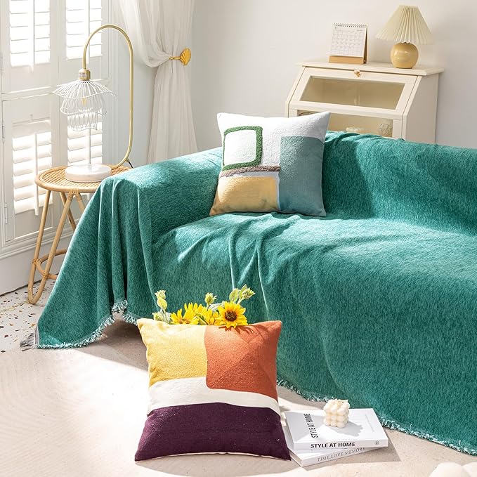 VClife Modern Teal Green Couch Cover Large Sofa Covers for Sectional Sofa Large Sofa Slipcover, Soft Chenille Couch Covers for 2 Cushion Couch Washable Living Room Furniture Protector, 71''x118''