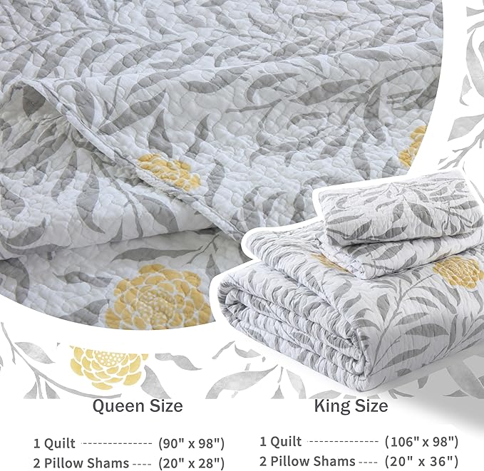 Homzard Quilt King Size Comforter Set - 100% Cotton Quilt Set King Size, Yellow Gray White Garden Bedding, Floral Leaves Bedspread(106 * 98 Inches) with 2 Pillow Shams,Reversible