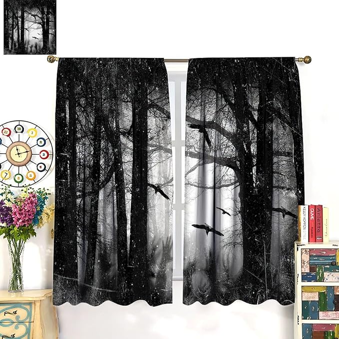 Gothic Forest Blackout Curtains, Foggy Forest Dead Trees Crow Halloween Style Black White Scary Print Window Treatments, for Bedroom Living Room 21(W)*45(L) 2 Panels