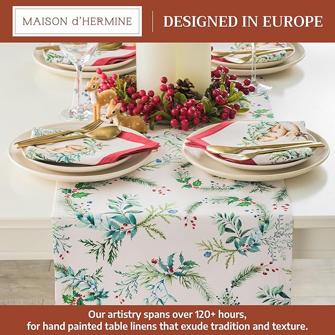 Maison d' Hermine Table Runner 100% Cotton Single Layer Table Runners 72 inches Long for Thanksgiving Christmas Decorations Home Kitchen Dining Party Wedding (Holly Time, 14.5" x 72")