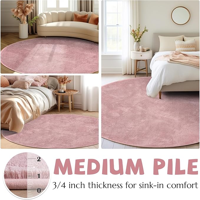 jinchan Solid Plush Round Rug 4ft Performance Shaggy Circle Rug 4' Round Washable Indoor Soft Modern Faux Wool Non Slip Carpet for Living Room Kids Room Bedroom Dining Room Pink