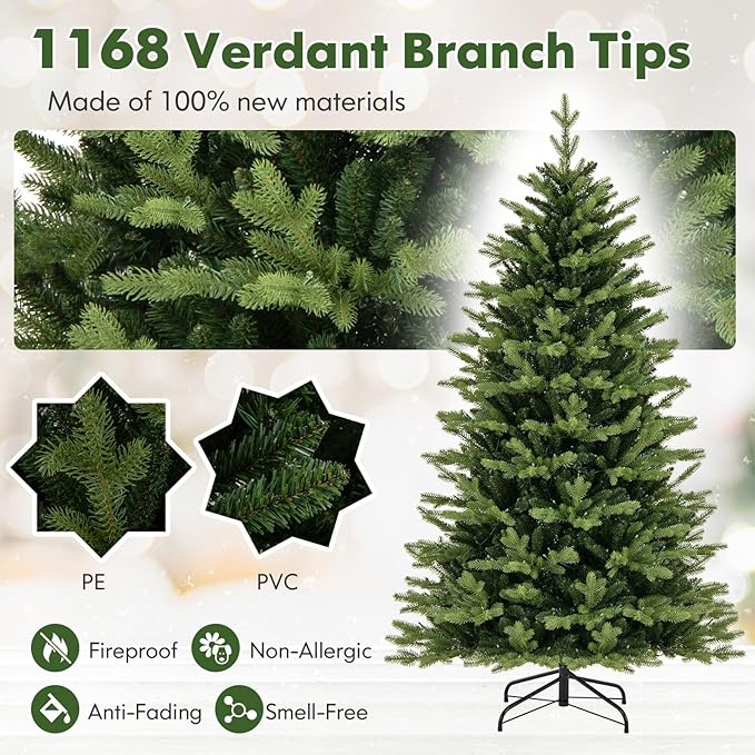 Happygrill 6 FT Pre-Lit Artificial Christmas Tree, Hinged Xmas Tree w/1168 Branch Tips, 350 LED Lights, 11 Lighting Modes, 3 Auto Timers, 4-Level Brightness & Remote Control, Decoration Tree for Party