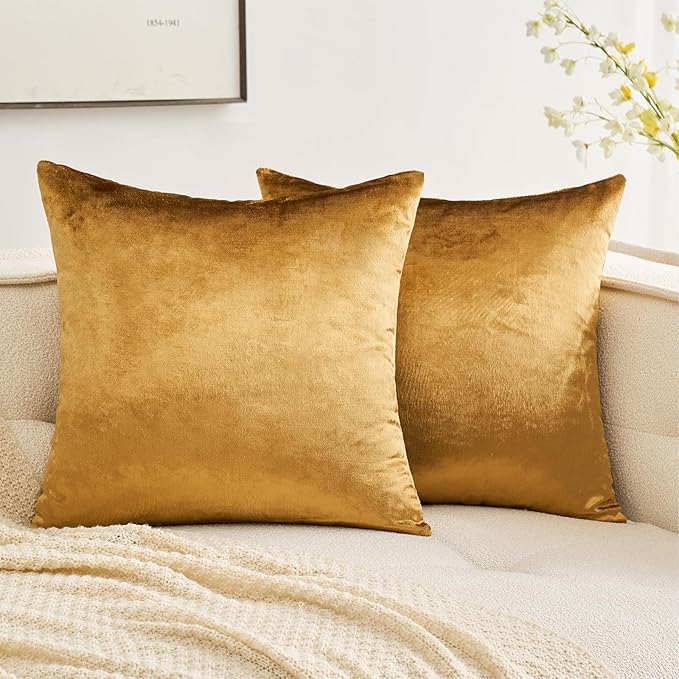 MIULEE Pack of 2 Dark Gold Velvet Throw Pillow Covers 12x12 Inch Soft Solid Decorative Square Set Fall Cushion Cases for Couch Sofa Bedroom