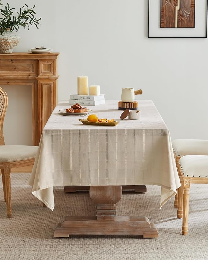 ZeeMart Linen Checked Table Cloth, Farmhouse Style Plaid Embroidered Neutral Tablecloth, Water Resistant Square Table Cloth, Beige 60x60 Inches