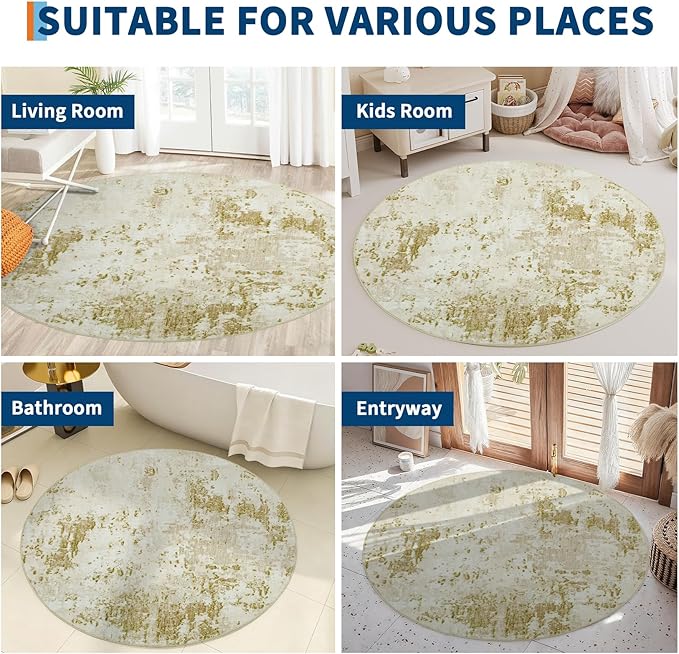 Modern Abstract 6x6 Round Area Rug Non Slip Non Shedding Rug Low Pile Stain Resistant for Bedroom Living Room Office Dining Room,Golden Grey