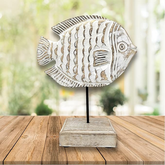 Wooden Fish Sculpture Home Decor | Handmade Angel Fish Statue on Stand | Sea Nautical Beach House Decor Art Piece | Whitewashed Rustic Centerpiece Table Decor for Office, Living Room (Angelfish)