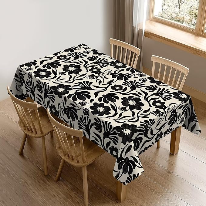Black Boho Cute Retro Floral Table Cloth for Dining Tables, Vintage Abstract Flower Leaves Rectangle Tablecloths Decoration Home Reusable Table Cover for Kitchen,Holiday,Party, 54x72 Inch