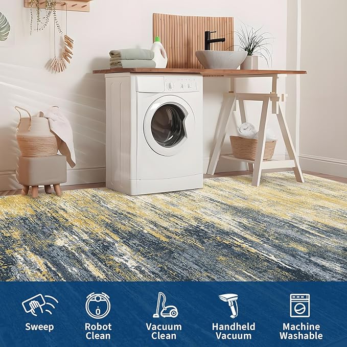 Modern Abstract Living Room Rug 8x10, Washable Area Rugs for Bedroom, Stain Resistant Non Slip Large Rug, Soft Indoor Carpet for Dining Room Table Home Decor, Yellow/Black