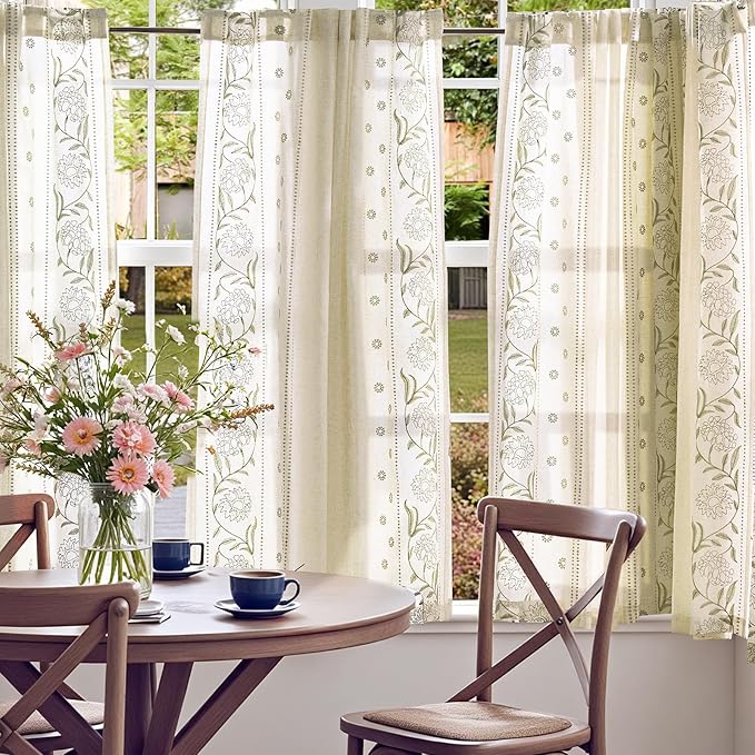 jinchan Winslow Linen Curtains 54 Inch Length Christmas Decorations Farmhouse Small Window Curtains Embroidered Bordered Floral Drapes Light Filtering for Bathroom Kitchen Sage on Beige 2 Panels