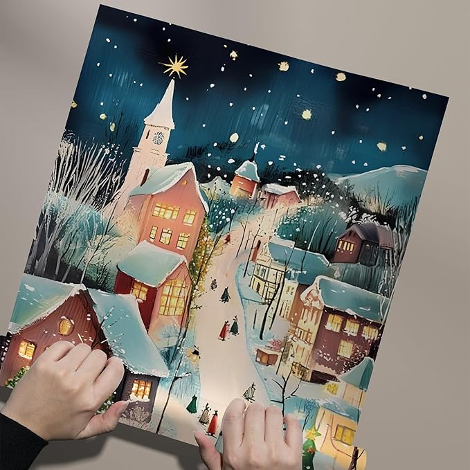OZCONO Christmas Evening Village Wall Art for Winter Holiday Home Decor, Xmas Print, Cozy Snowy Town Scene Artwork for Seasonal, Warm Lights Winter Street Decoration (Unframed) (27x40)