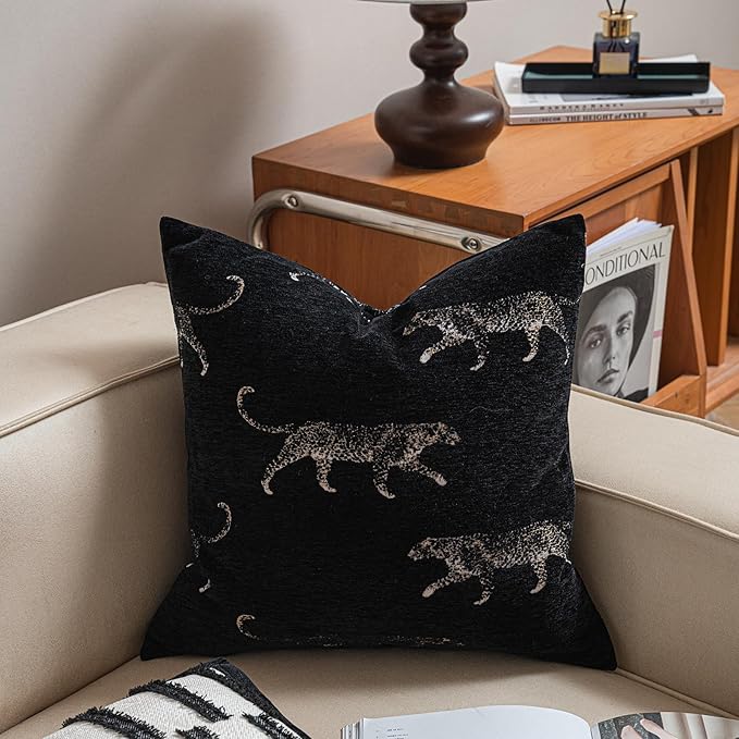 New 18x18'' inches Throw Pillow Cushion Covers - Black Color with Chenille Jacquard Embroidery Golden Leopard Luxury Modern Style Couch Sofa Bed Pillow Cover for Living Room Bedroom