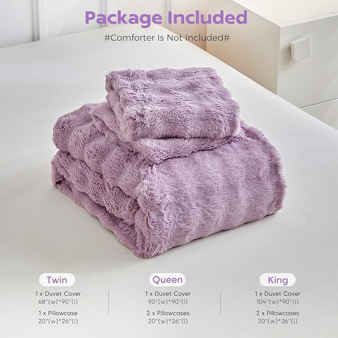 Tokokimo Fluffy Fleece Queen Size Duvet Cover Set, Ultra Soft Reversible Heavyweight Bedding Set, Extra Warm Winter Duvet Cover Set with 2 Pillow Cases, All Season Fuzzy Comforter Cover Set, Purple