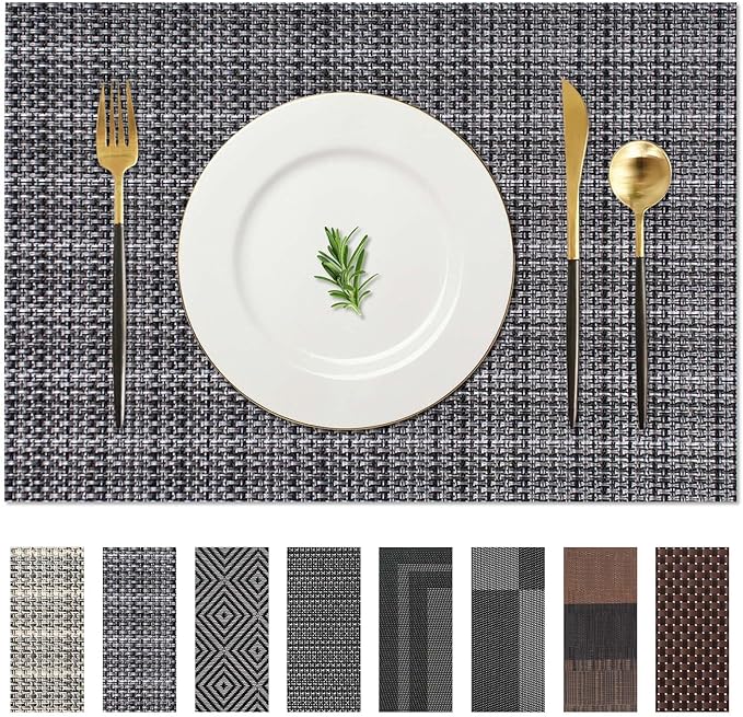 AHHFSMEI Placemats for Dining Table Set of 4 Woven Vinyl Plastic Place Mats Non-Slip Heat Insulation Stain Resistant Table Mats Washable Easy Clean Placemats (Linen Black 4)