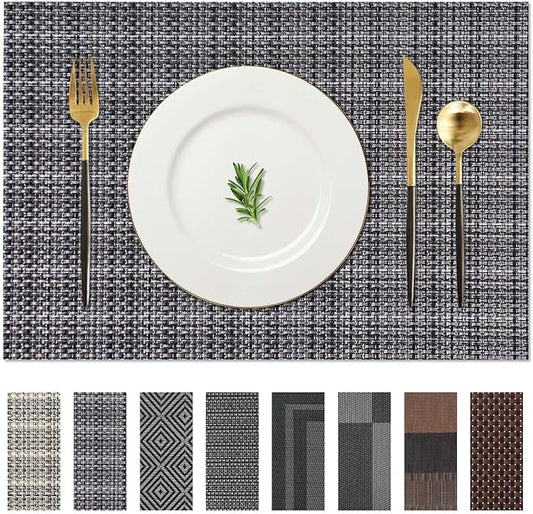 AHHFSMEI Placemats for Dining Table Set of 4 Woven Vinyl Plastic Place Mats Non-Slip Heat Insulation Stain Resistant Table Mats Washable Easy Clean Placemats (Linen Black 4)