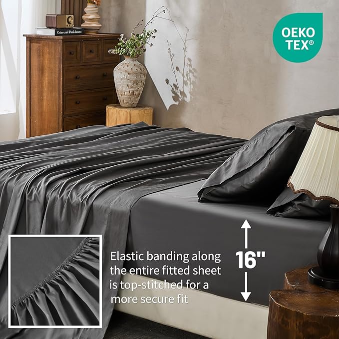 MEISHANG 1000 Thread Count Cotton Sheets King Size - 100% Egyptian Cotton, Sateen Weave, Soft & Breathable, Oeko-Tex Certified, 16" Deep Pockets - 4 Piece (King, Dark Grey)