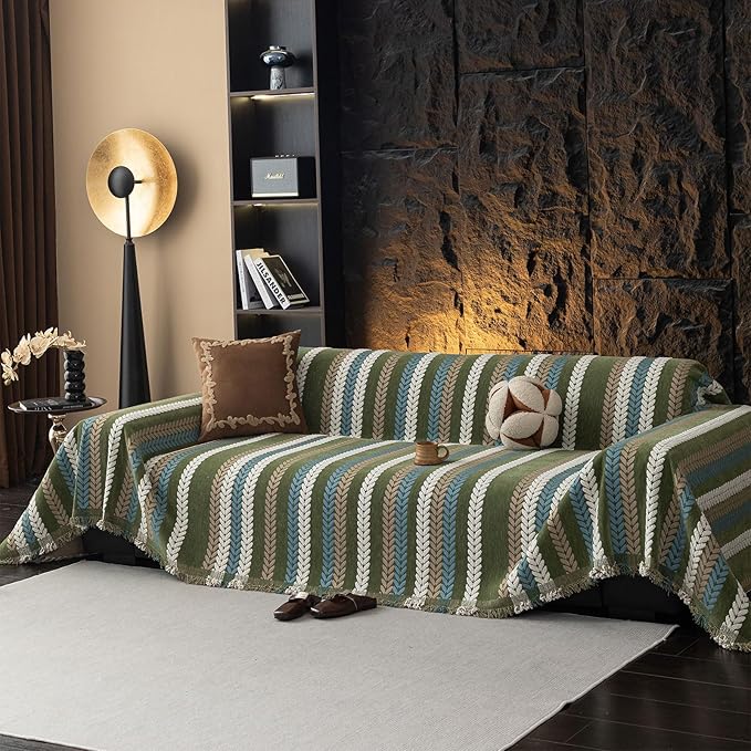 VClife Dog Couch Cover Sofa Covers, Chic Stripe Couch Cover for 3 Cushion Couch, Washable, Non Slip & Wear Resistant, Pet Friendly Sofa Protector Sectional Sofa Couch Slipcover, Green, 71''x150''