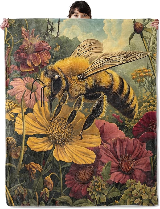 Realistic Bee Garden Blanket, Cozy Flannel Honeybee & Floral Throw Blanket, Soft Fuzzy Blankets for Travel Home Decor, All Season Lightweight Couch Bed Cover, Gifts for Women Adults 60"×80"