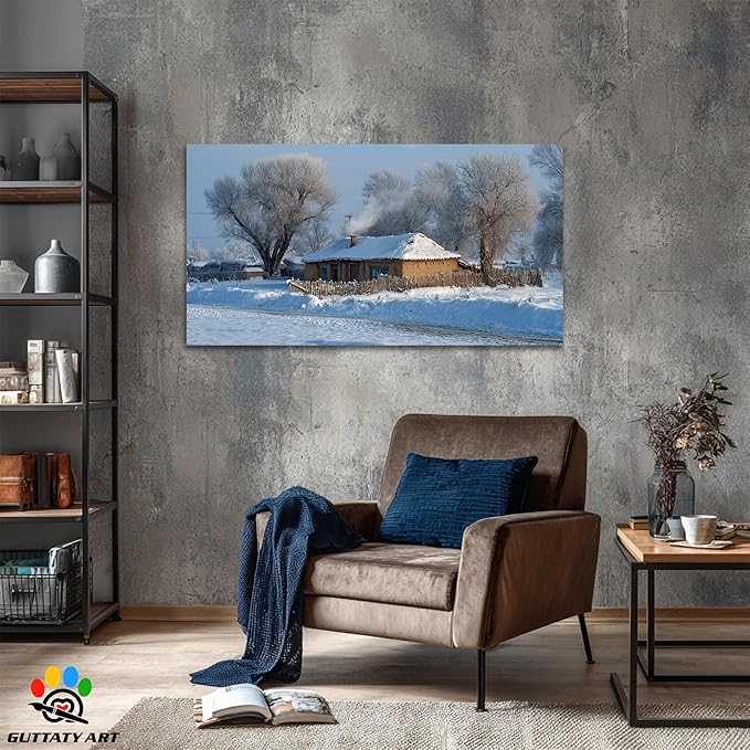 GUTTATY Christmas Winter Scene Canvas Wall Art, Cozy Snow-Covered House Canvas Prints, Peaceful Rural Snow Scene Wall Decor, Winter Pictures Posters for Living Room, Holiday Gift, 32x16 Inch