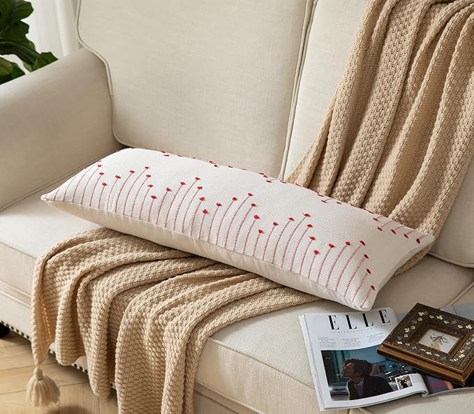 Caflife Christmas Lumbar Pillow Cover 14x36 Long Pack of 1 Decorative Pillows Bed, Beige with Red Body Throw Pillow Covers, for Modern Farmhouse Sofa Bedroom Living Room Home Decor Couch Pillowcase