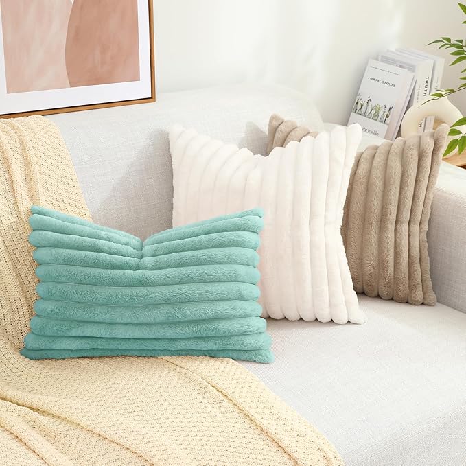 decorUhome Faux Fur Christmas Throw Pillow Covers 12x20 Set of 2, Decorative Soft Plush Striped Lumbar Neutral Couch Euro Pillow Covers with Velvet Back for Sofa, Bed, Living Room Home Decor, Aqua